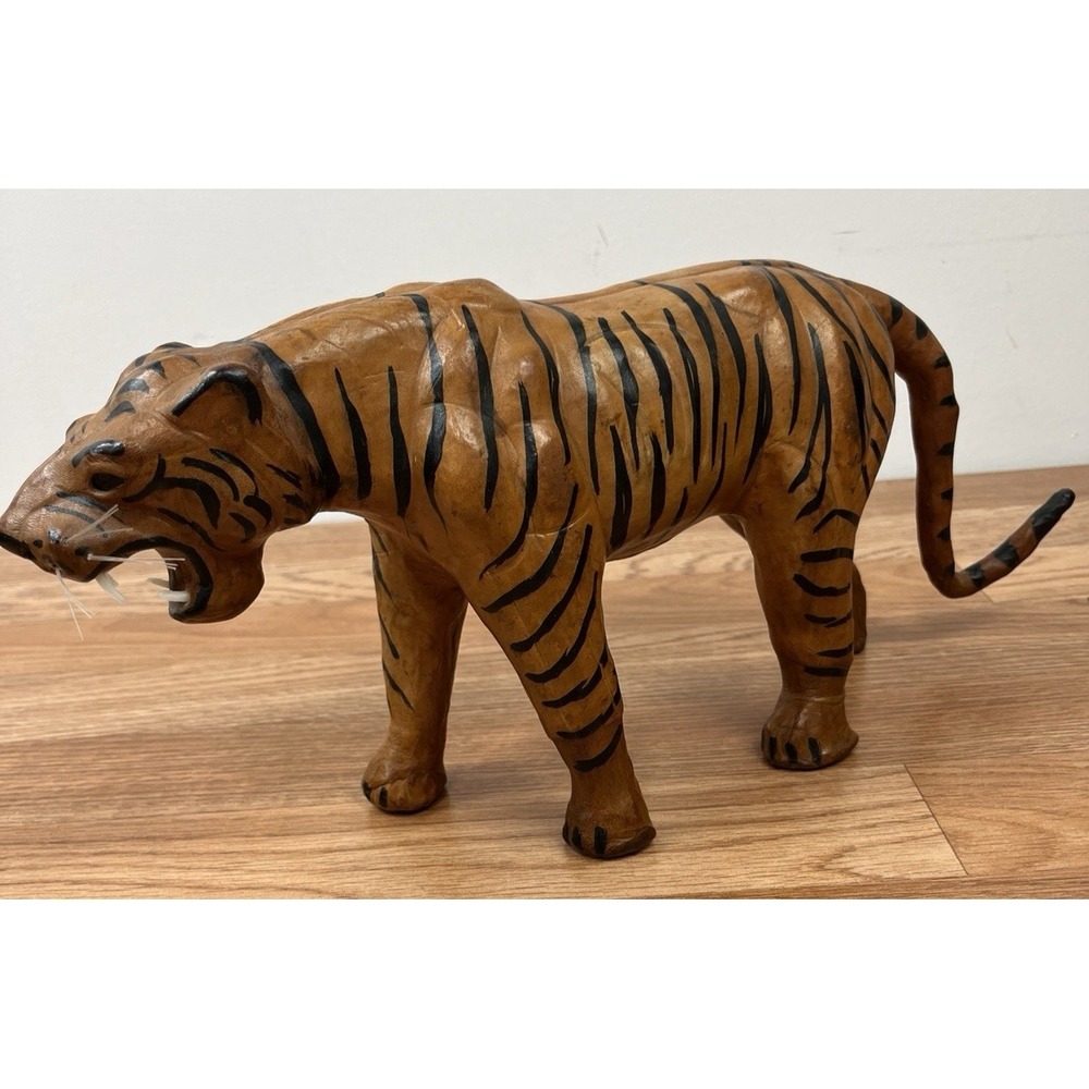 Vintage MCM Leather Wrapped Tiger Sculpture 16" Hand Painted Stripes, Glass Eyes